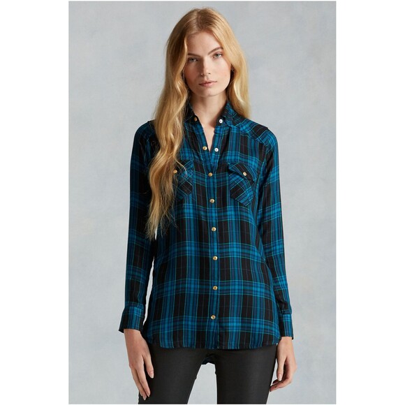 New Womens Designer True Religion S Plaid Top Logo Black Aqua Blue NWT Tunic Zip - Picture 3 of 7